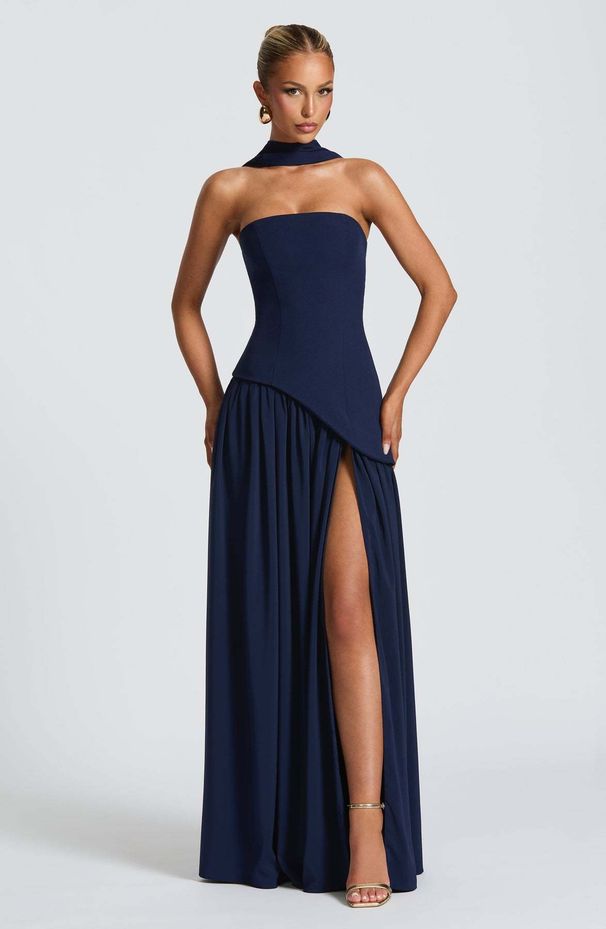 Women New Arrival Solid Maxi Dress Bandeau Neck Backless High Side Slit High Waist Sexy Elegant Party Evening Long Dress_ecoleips.com