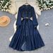 Sophisticated Denim Midi Dress – High-Waisted A-Line With Belt & Polo Collar, Stretch Polyester Blend For Office Elegance (S-Xl, Navy)_ecoleips.com