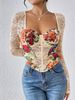 French Retro Fishbone Cross Square Neck Top For Women Long Sleeve Printed Lace Patchwork Sexy Innerwear Hot Girl_ecoleips.com