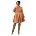 Women's Clothing Plus Size Clothes"Elegant Caramel A-Line Long Dress – High Waist & Slimming Long Sleeves, Autumn/Winter Women's Dress_ecoleips.com