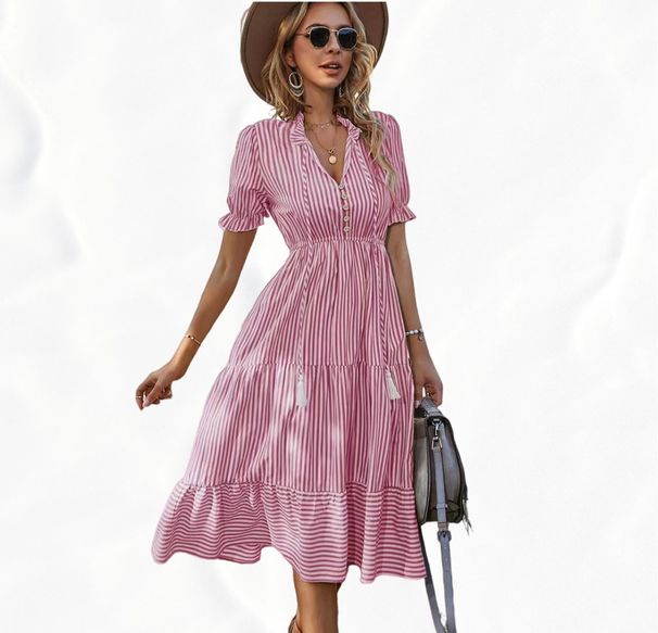 Women's Clothing Striped Dress V Neck Elastic Waist Short Sleeves Large Swing Dress_ecoleips.com