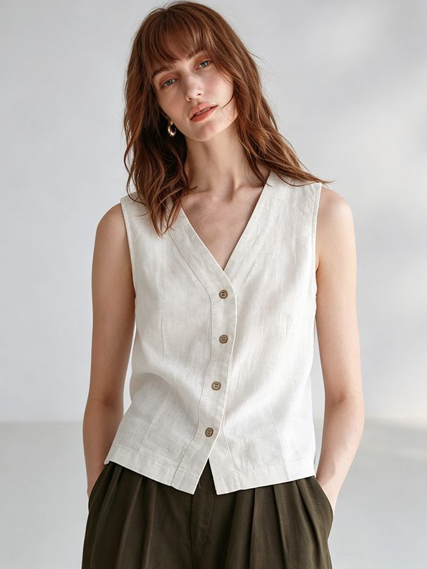 Women's Old Fashioned Linen Vest V Neck Sleeveless Top for Commuting Summer Style Luxurious Relaxed Casual_ecoleips.com