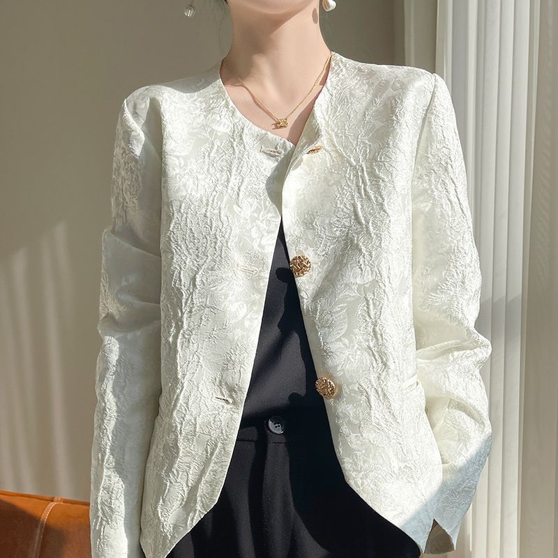 Silk Satin 2026 Spring-summer Women's New Round-neck Elegant Fashion Buttoned Solid Color Jacquard Blazer Jacket_ecoleips.com
