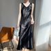 Acetate Satin Vest Waist-Cinching Gold Silk French Solid Color V-Neck Wide Strap Long Dress_ecoleips.com