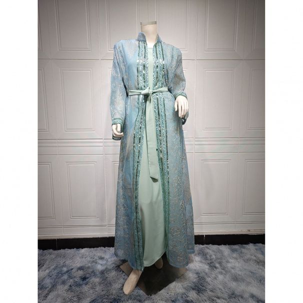 Verve Muslim Abaya Two-Piece Set With Belt Dubai Elegant Cardigan Long Dress_ecoleips.com