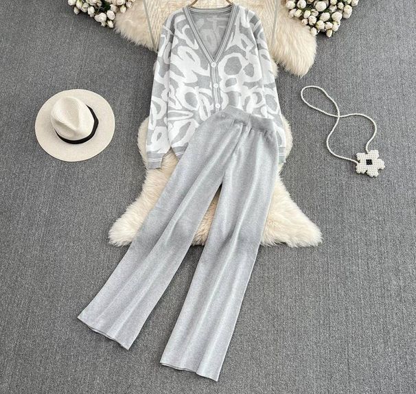 Women's Knitted Sweater & Pants Set – Loose Fit V-Neck Mid-Length Jacket With High-Waist Drapey Pants (Black/Brown/Grey, One Size)_ecoleips.com