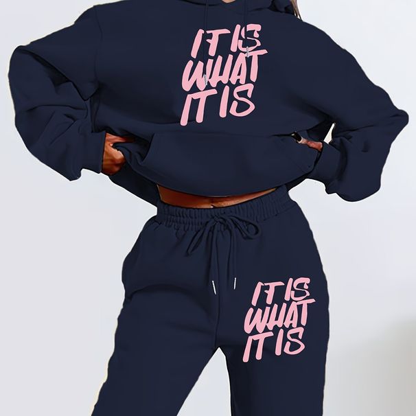 Women's Autumn And Winter Casual Fashion ITIS WHAT ITIS Letter Printed Thick Fleece Warm Hooded Sweatshirt+sports Pants Set-732_ecoleips.com