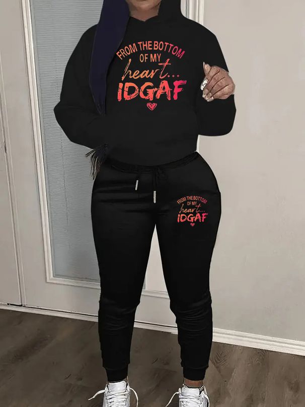 Women's Autumn And Winter Casual Fashion Letter Pattern Printed Thick Velvet Warm Hooded Sweatshirt+sweatpants Set-687_ecoleips.com
