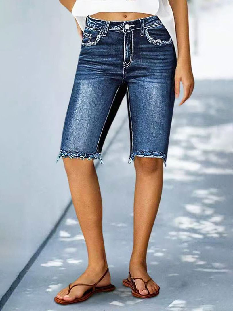 Women's mid Rise Stretch Denim Shorts with Frayed Edges Casual Cotton Jeans for Spring/Autumn And Summer Regular Fit_ecoleips.com