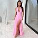 Women's Clothing Spring New Women's Temperament Halter V Neck Slit Long Solid Color Dress_ecoleips.com