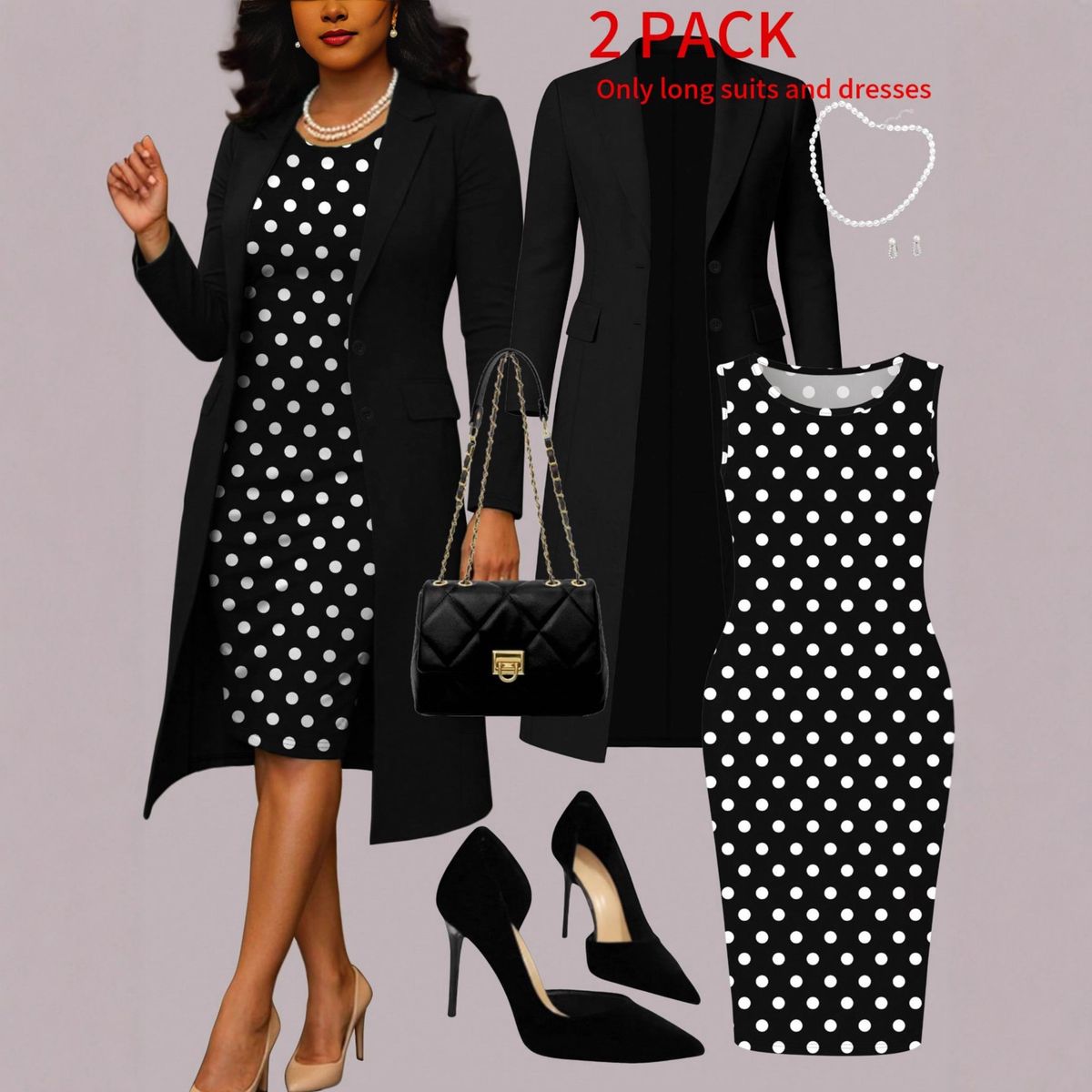 Plus Size Women's Elegant Two Piece Set - Solid Color Blazer & Color Block Dress Polka Dot Detailing England Style Fashion_ecoleips.com