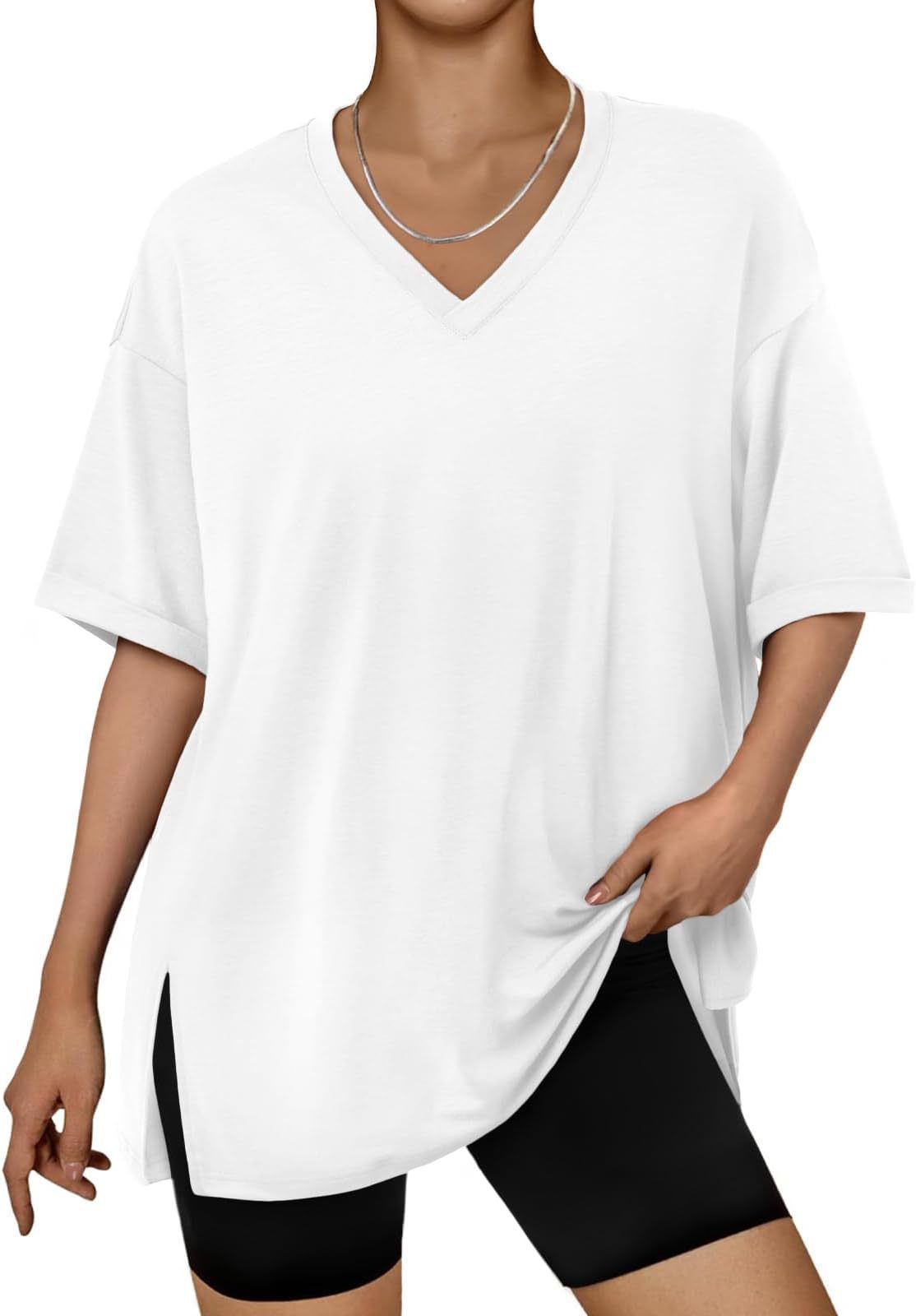 Women's V-Neck Short Sleeve T-Shirt – Minimalist Solid Color Split Hem Casual Top For Spring & Summer_ecoleips.com