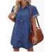 Women’s Denim Flounce Dress – Oversized Collar & Ruffled Hem Short Sleeve Dress (Relaxed Fit, Pre-Washed Cotton, 12 Colors, Sweet Aesthetic)_ecoleips.com