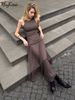 Hugcitar Women Elegant Solid Sleeveless Bandage Pleated Sexy Maxi Prom Dress Bodycon Summer Women Clothes Evening Party Vacation_ecoleips.com