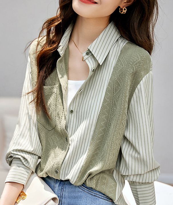 Women’s Clothing Knitted striped patchwork shirt for women spring new loose casual slimming stylish tops_ecoleips.com