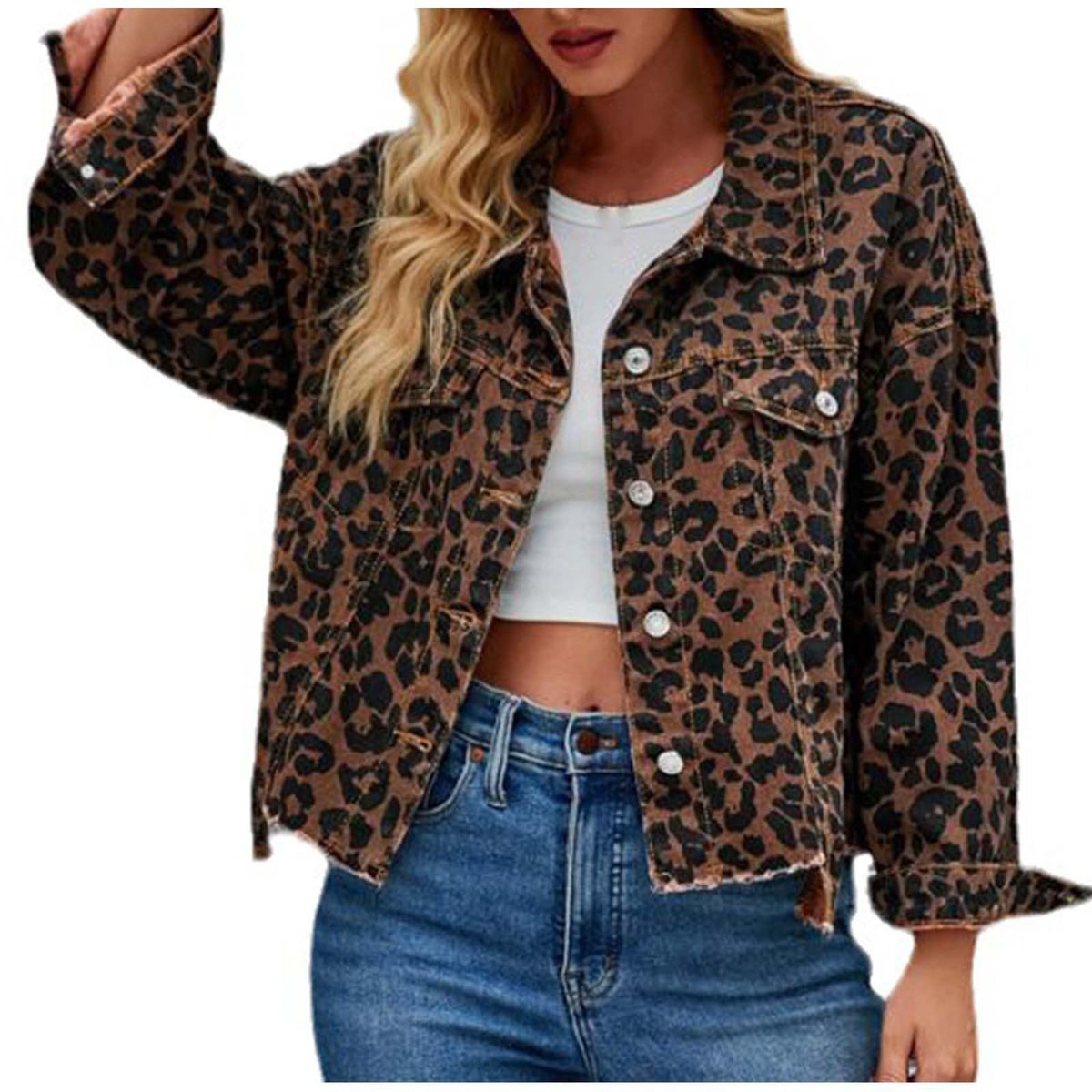 Leopard Print Denim Short Jacket Women's Casual Fashion Autumn/Winter New Real Shot_ecoleips.com