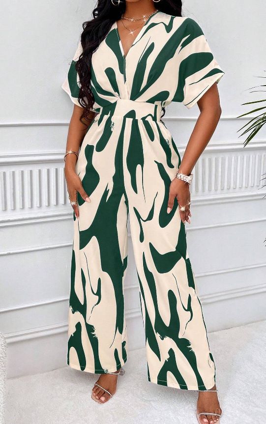 K New Short Sleeved Printed Waist Cinching Jumpsuit Fashionable Wide Leg Pants For Women_ecoleips.com