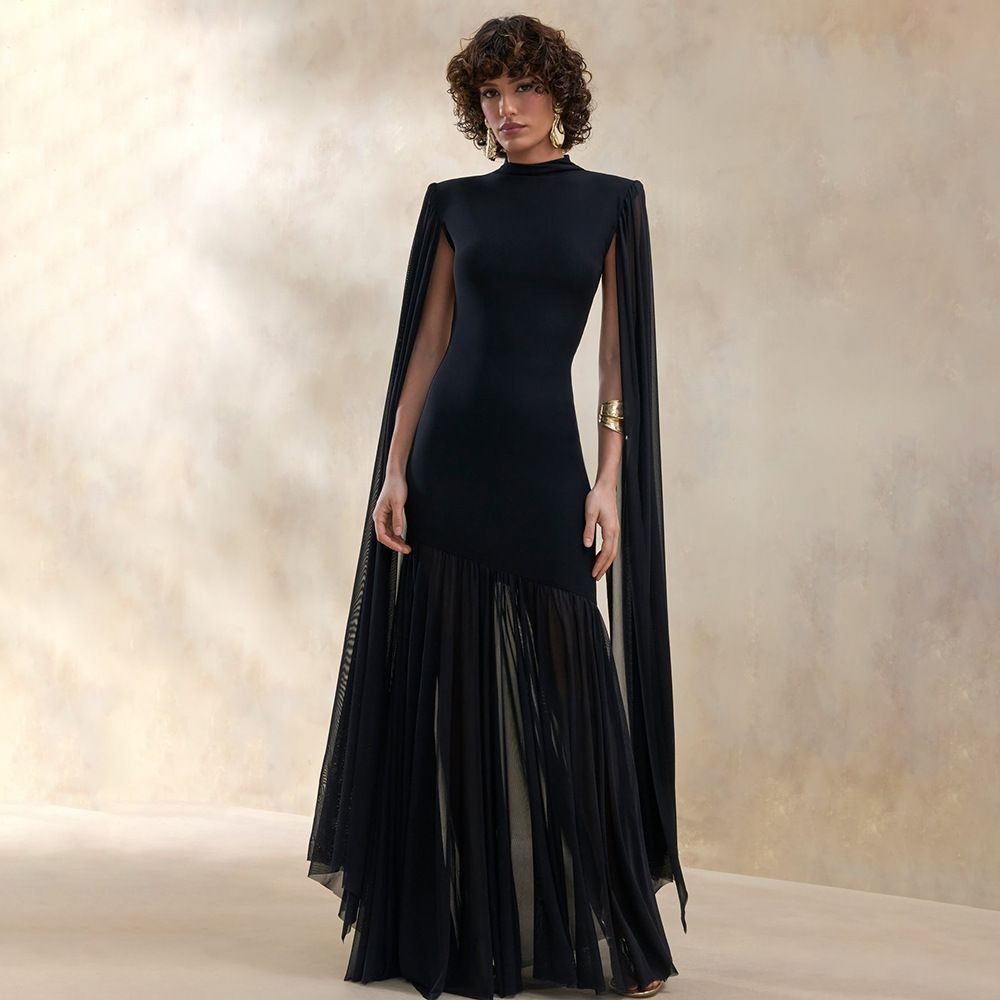 Summer Black Cape Sleeve Evening Dress Slim Fit Long Dress For Annual Meetings And Parties Style_ecoleips.com