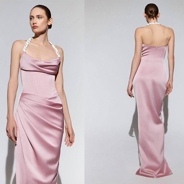 Women's Clothing Dress Women's New Halter Neck Host Banquet Slim Bridesmaid Dress Satin Dress_ecoleips.com