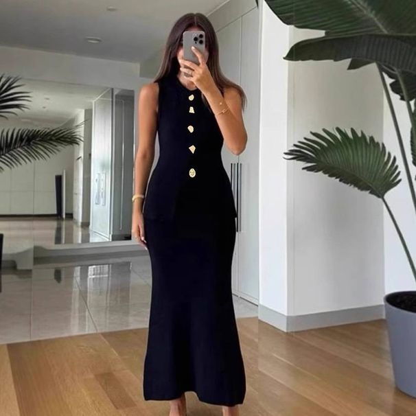 Women's Clothing Summer Fashion Slim Vest Solid Color Slim Hip Two Piece Knitted Long Skirt Suit_ecoleips.com