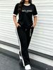 Women's Simple Sport 2-piece Set, Classic Print Colorblock Tee & Stretch Knit Side-stripe Drawstring Wide Leg Pants For Spring Summer Commute & Gym_ecoleips.com