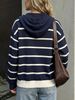 Navy White Stripe Heart Pit Rib Knit Hooded Cardigan, Loose Lightweight Breathable Soft Skin-touch Long Sleeve Drawstring Button Knit Jacket_ecoleips.com