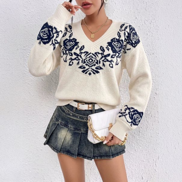 Women's V Neck Jacquard Knit Sweater European American Style Retro Rose Print Loose Fit Drop Shoulder Long Sleeve Pullover Top_ecoleips.com