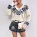 Women's V Neck Jacquard Knit Sweater European American Style Retro Rose Print Loose Fit Drop Shoulder Long Sleeve Pullover Top_ecoleips.com