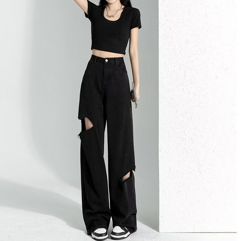 Blue Ripped Denim Women's High Street Straight-leg Distressed Summer Thin Loose Drapey High-waisted Wide-leg_ecoleips.com