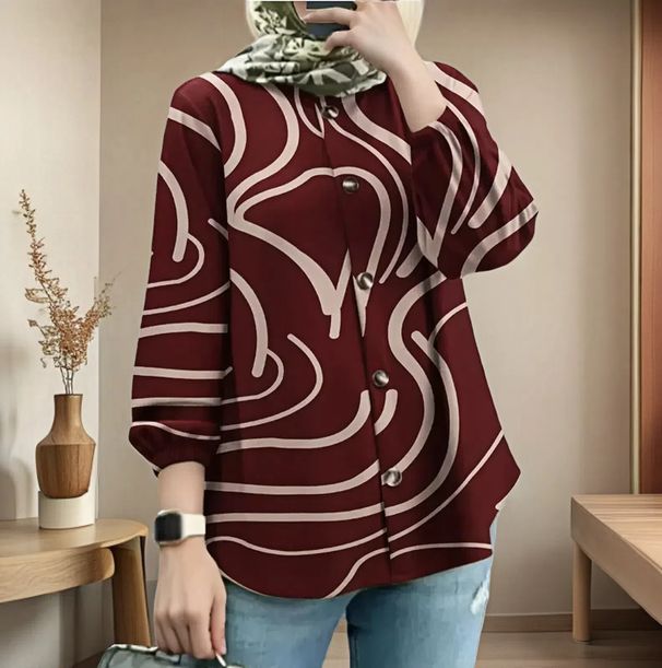 Long Muslim Blouse Women Summer New Flower Print Loose Fashion Bubble Sleeve Top Temperament Button Shirt For Female_ecoleips.com