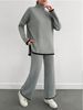 Women's Ribbed Knit Set Long Sleeve Stand Collar Solid Color Autumn Winter Fashion 2-Piece Outfit Polyester_ecoleips.com