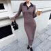 Women's Knit Dress Autumn New Arrival Polo Collar Pleated Waist Irregular Slit Striped Long Sleeve Dress_ecoleips.com