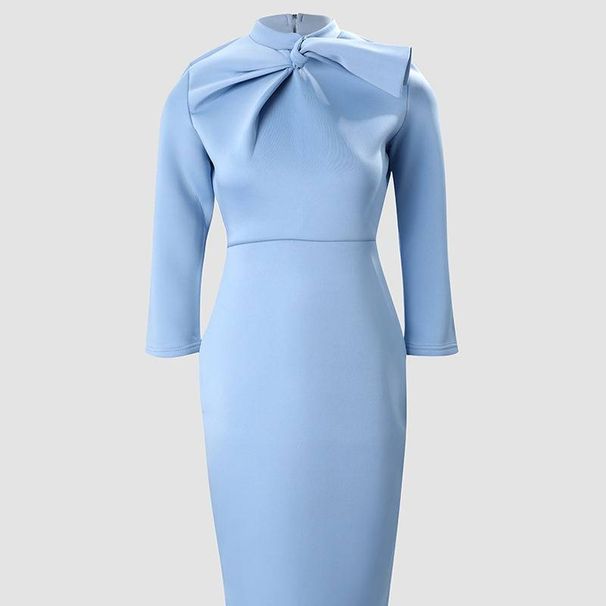 Women's Clothing Sky Blue Neckline Strap Design Three Quarter Sleeve Slim Dress_ecoleips.com