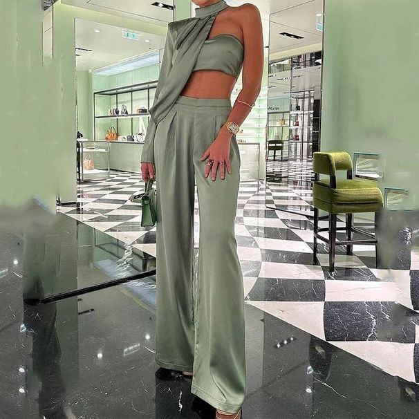 European And American Women's Clothing Elegant Halter Neck Oblique Shoulder Tube Top Sexy Navel Exposed Wide Leg Pants Suit_ecoleips.com