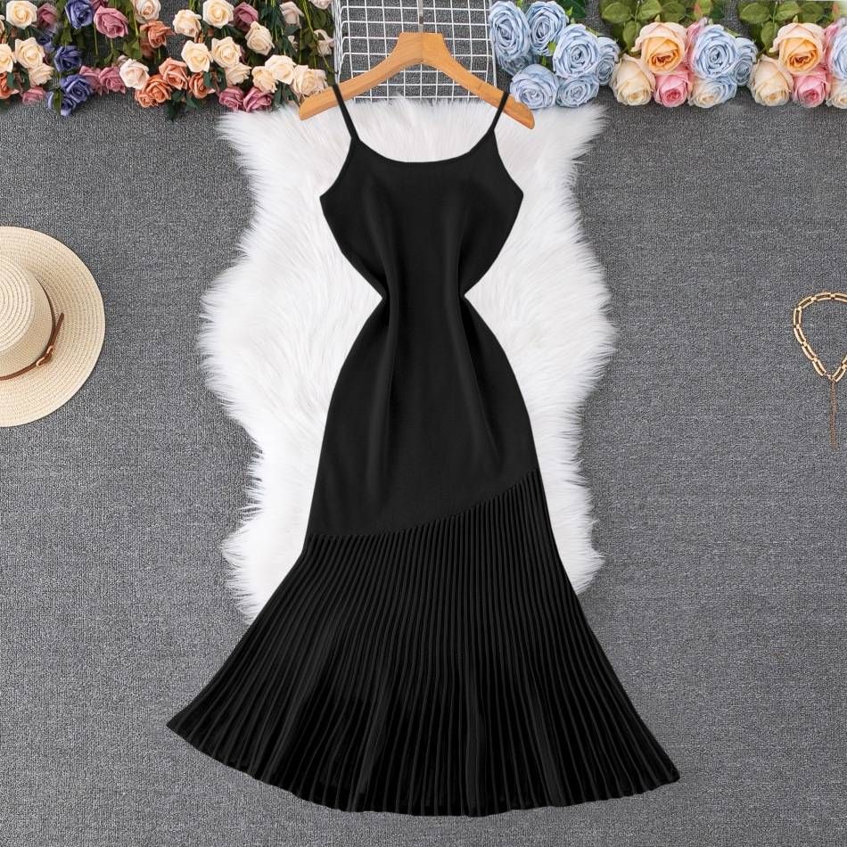 Women's Clothing Suspender Skirt High Grade Sense Of Slim Fit Does Not Show Cross Waist Temperament Knitted Splicing Perspective Fishtail Long Skirt_ecoleips.com