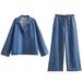Oversized Denim Shirt & Pants Set – Trendy Long-Sleeve Button-Up Top With Matching Trousers (XS/S/M/L, Washed Polyester, Relaxed Fit)_ecoleips.com