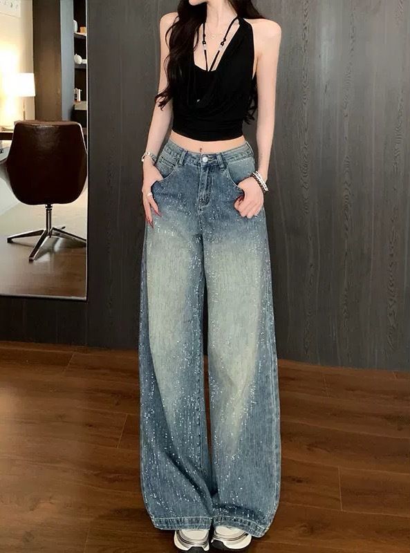 High-Waisted Floor-Length Jeans For Women Sparkling Rhinestones Luxurious Feel Perfect For Autumn_ecoleips.com