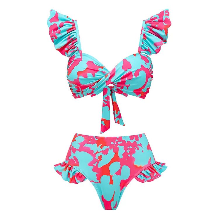 Women's High Waist Bikini Set - Ruffle Printed Two-Piece Swimsuit, Split Design For Beach Holiday_ecoleips.com