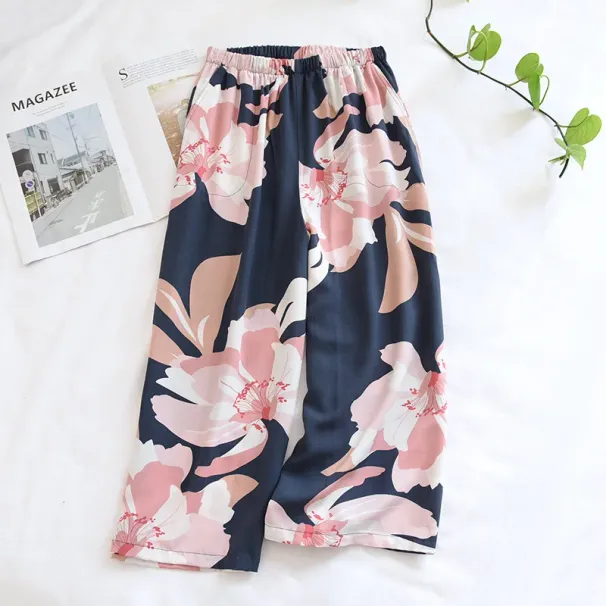 New Summer Cropped Pants 100% Viscose Ladies Shorts Artificial Cotton Loose Casual Large Floral Home Pants Cute Bottoms Woman_ecoleips.com