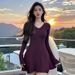Women's Clothing Spring Style Image V Neck Low Cut Dress Sweet And Spicy Flared Sleeve A Line Mini Skirt Knitted Women's Clothing_ecoleips.com