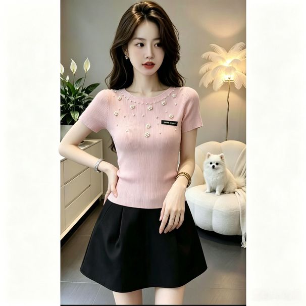 Summer Light Luxury Socialite Style White Short-sleeved Knit Top For Women With Heavy-duty Rhinestone-embellished Collar_ecoleips.com