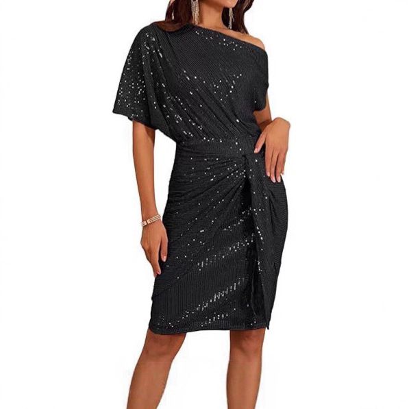 Women's Sequin One Shoulder Tie Side Mini Dress – Glitter Fall Party Gown 2026_ecoleips.com