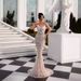 Women's Clothing White Pearl Series Deep V Neck See Through Mesh High Waist Slim Stage Banquet Dress_ecoleips.com