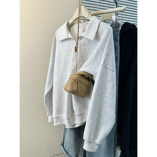 Real Shot Of Foreign Trade White Gray Half-zip Long-sleeve Sweatshirt Women, Thin Loose Polo Collar Top For Spring And_ecoleips.com