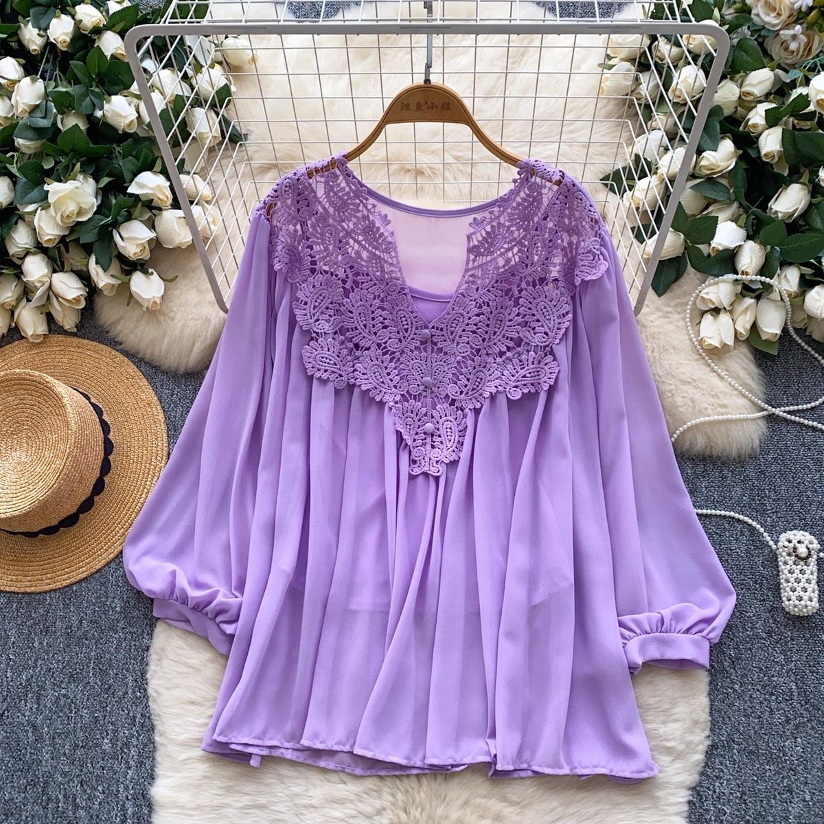 Elegant Royal Style Blouse for Women Lantern Sleeve Long Top Sheer Hollow Embroidery Chic Autumn Wear Mature Fashion_ecoleips.com