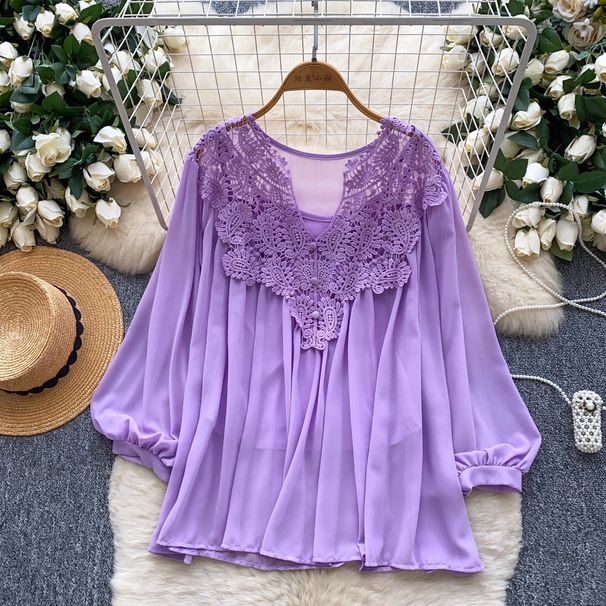 Elegant Royal Style Blouse for Women Lantern Sleeve Long Top Sheer Hollow Embroidery Chic Autumn Wear Mature Fashion_ecoleips.com