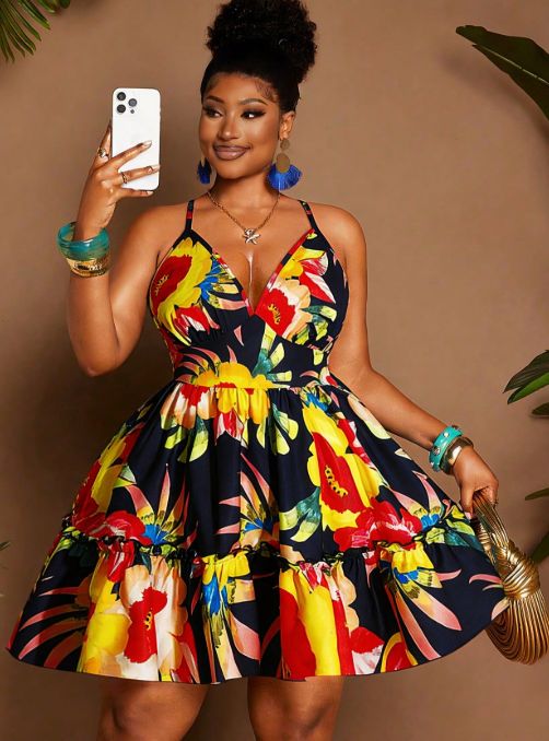 Curvy Tropical Floral Halter Mini Dress, Shirred Open Back Ruffle Swing Sun Dress For Beach Festival Party_ecoleips.com