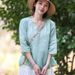 Spring/Summer Cotton-Linen Women's Artistic Vintage Three-Quarter Sleeve Diagonal Collar With Embroidered V-Neck Top, Ch_ecoleips.com