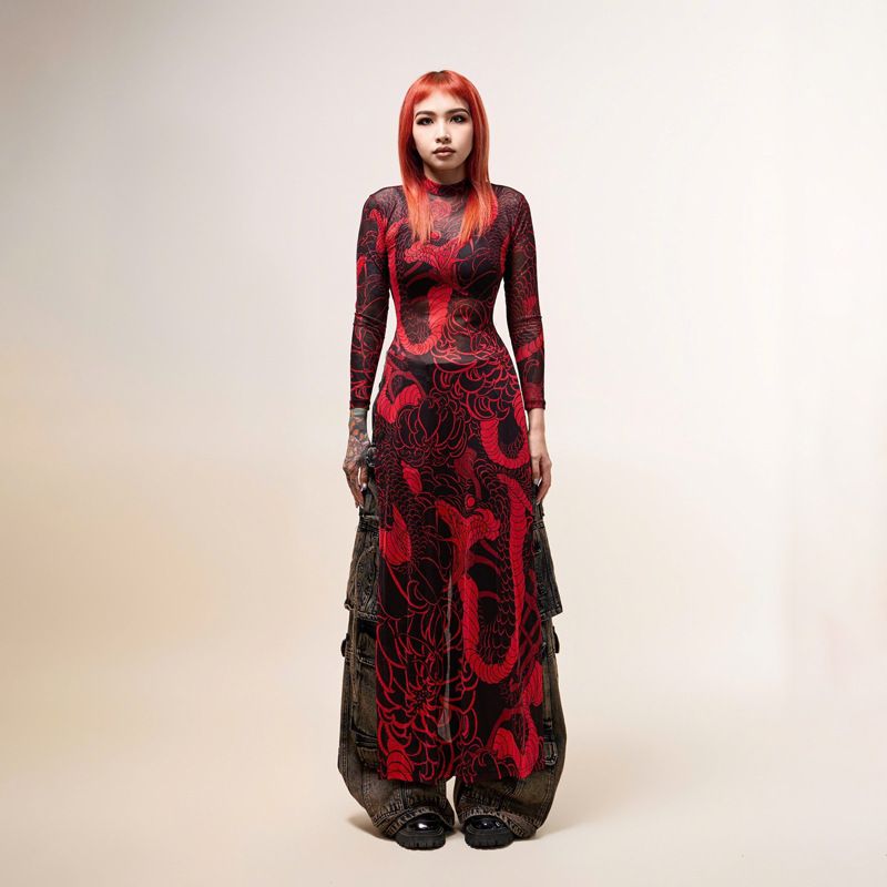 Women's Clothing High Neck Long Sleeve Top Spring New Animal Snake Print High Slit Long Top_ecoleips.com