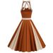 2024 New European And American Maillard Retro Patchwork Mid-Length Fashionable Age-Reducing Halter Neck Tie-Waist Flared_ecoleips.com